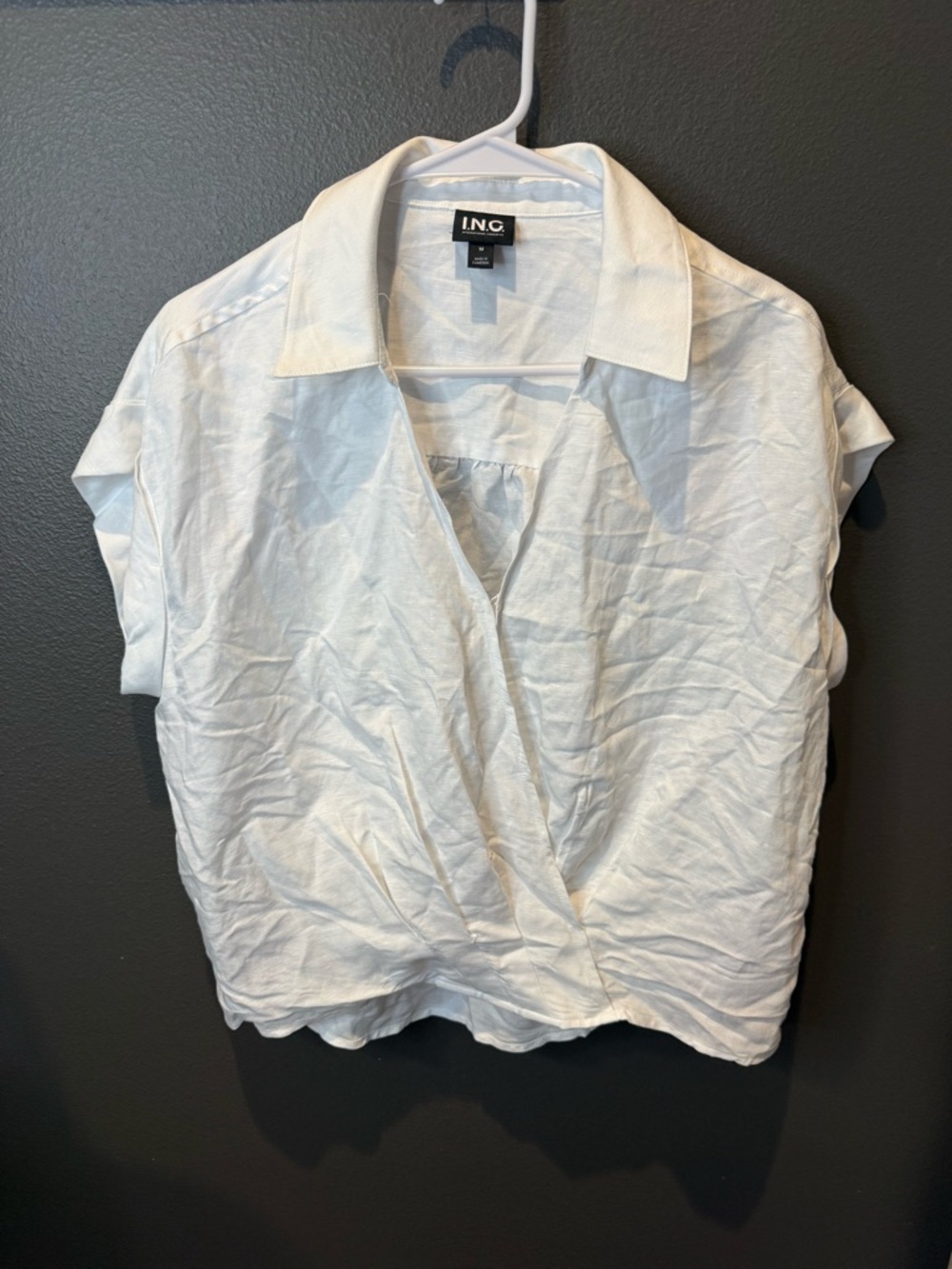 INC International Concepts White Short-Sleeve Collared Wrap Blouse